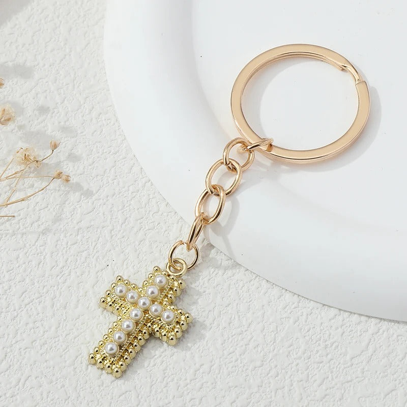 Elegant Cross Pearl Keychain