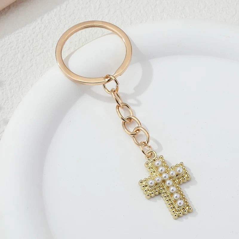 Elegant Cross Pearl Keychain