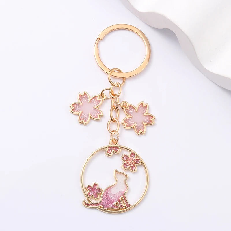 Cherry Blossom Cat Keychain