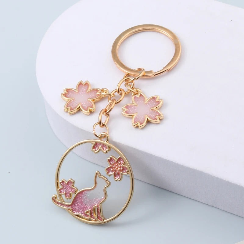 Cherry Blossom Cat Keychain